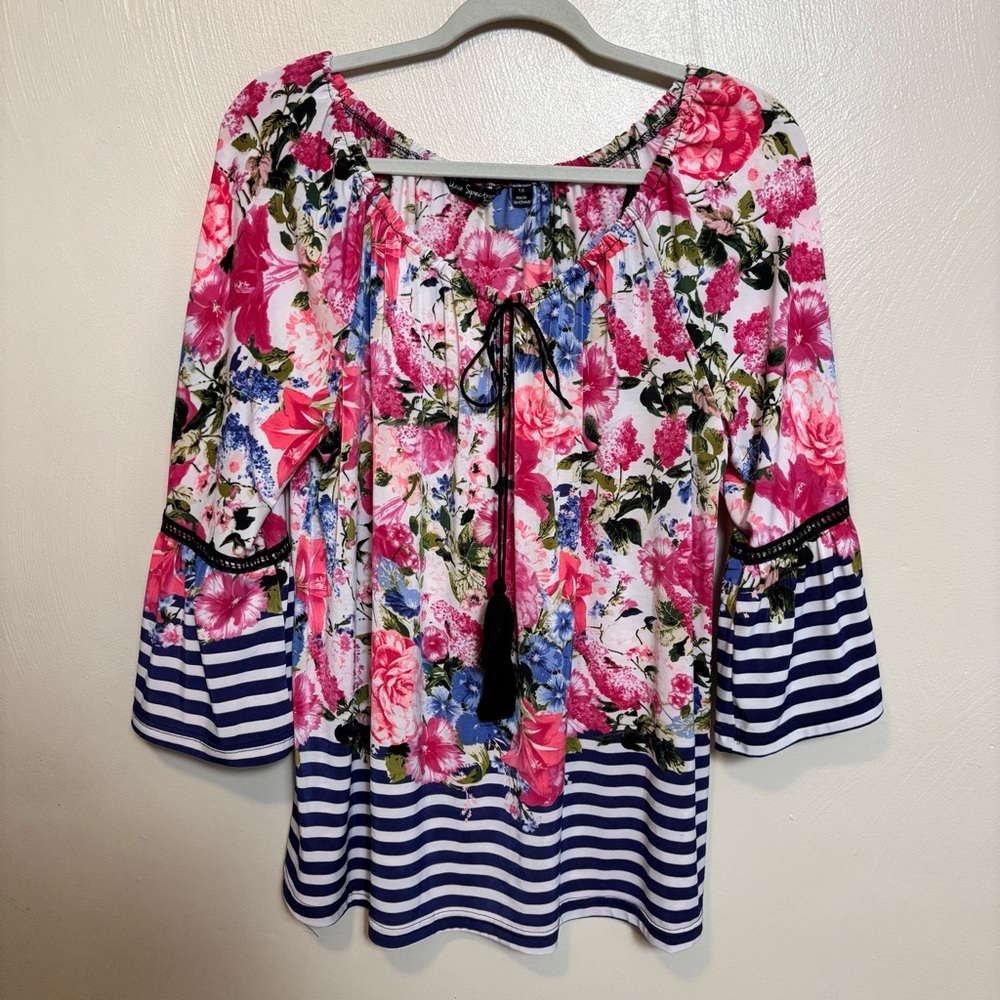 Unique Spectrum Knits Women's Shirt‎ Top Blouse Plus Floral Stripe Pink Blue 1X